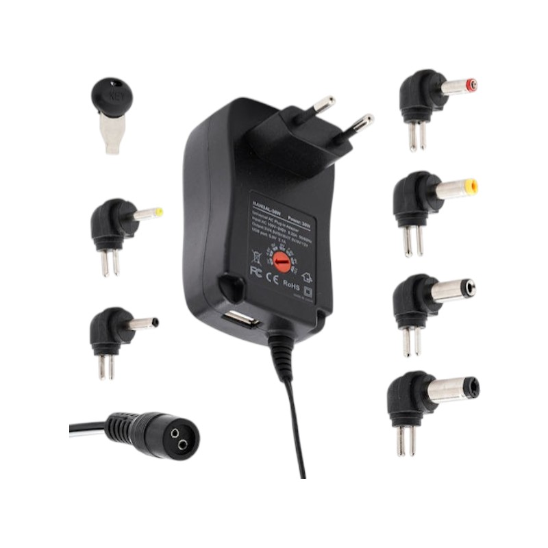 Τροφοδοτικό μετασχηματιστής με ρυθμιστή τάσης 6 βύσματα και θύρα USB - 30W - 812990