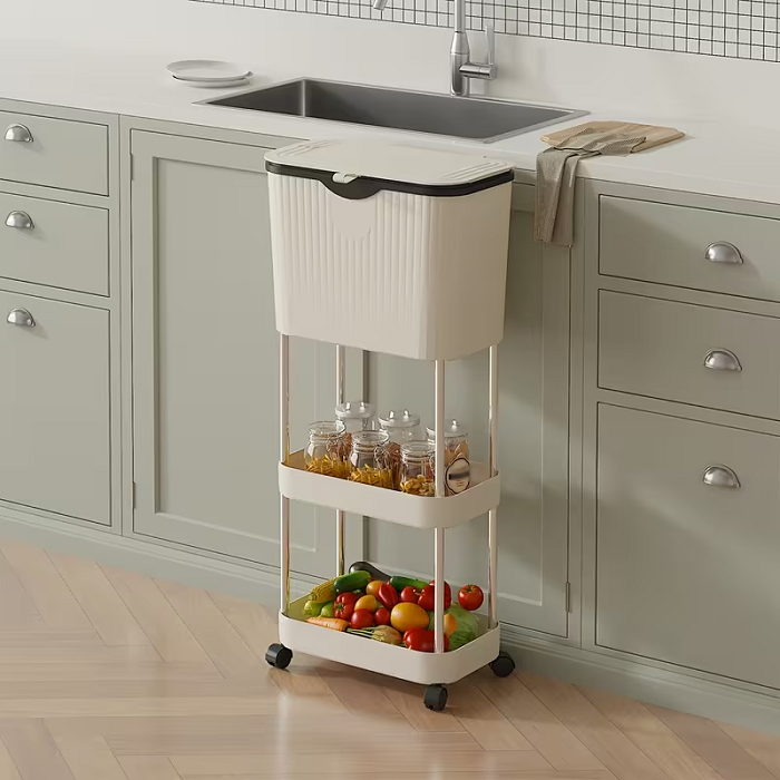 Τροχήλατη ραφιέρα κουζίνας τριώροφη με κάδο - YH9811-3 - 282296 - Image 2